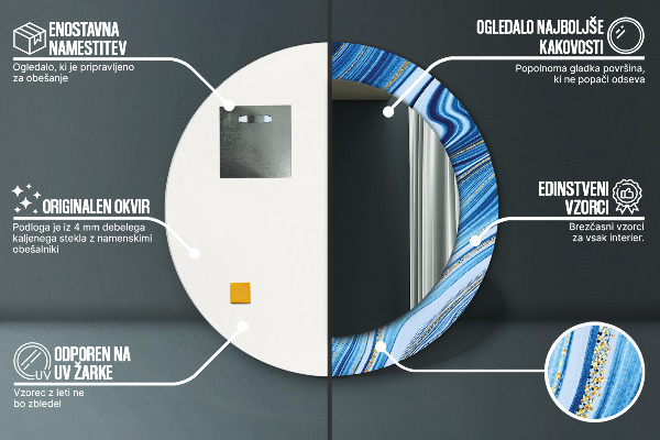 Kerek tükör keret nyomtatással Kék márványozás