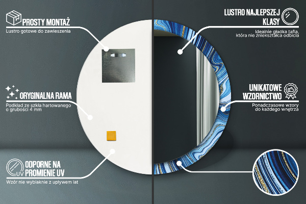 Kerek tükör keret nyomtatással Kék márványozás