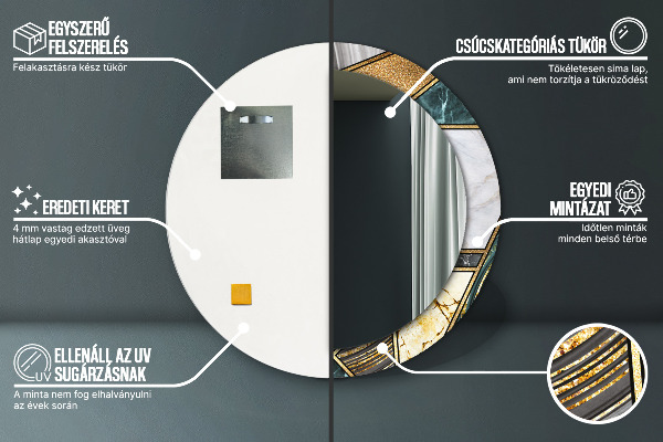 Kerek díszes tükör Márvány achát és arany