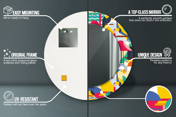 Kerek tükör nyomtatott kerettel Geometrikus trópusi madarak