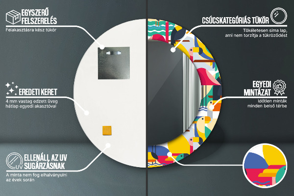 Kerek tükör nyomtatott kerettel Geometrikus trópusi madarak