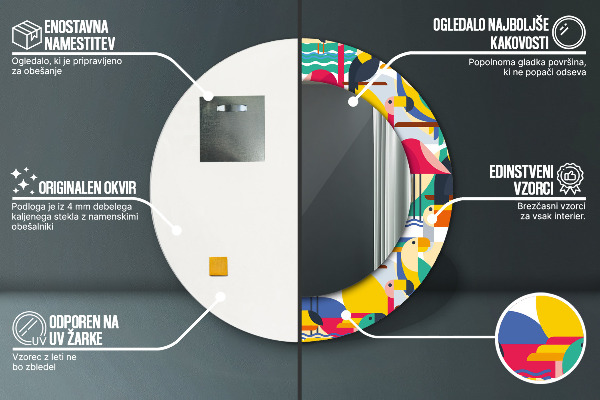 Kerek tükör nyomtatott kerettel Geometrikus trópusi madarak