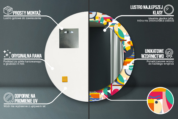 Kerek tükör nyomtatott kerettel Geometrikus trópusi madarak