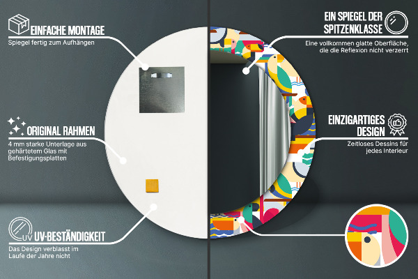 Kerek tükör nyomtatott kerettel Geometrikus trópusi madarak