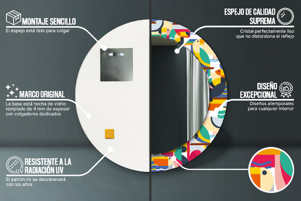 Kerek tükör nyomtatott kerettel Geometrikus trópusi madarak