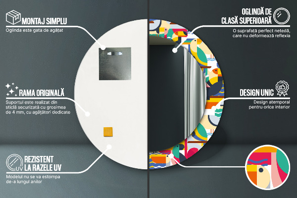 Kerek tükör nyomtatott kerettel Geometrikus trópusi madarak