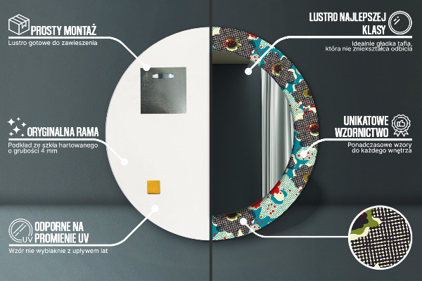 Kerek tükör keret nyomtatással Retro virágmintás