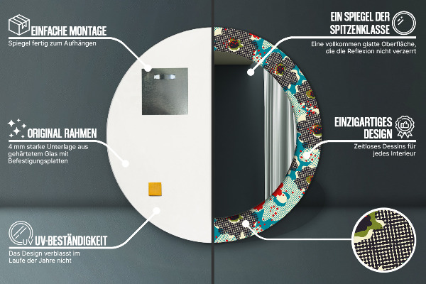 Kerek tükör keret nyomtatással Retro virágmintás