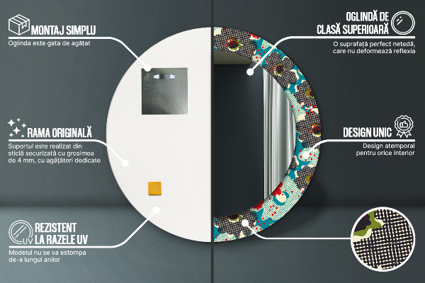 Kerek tükör keret nyomtatással Retro virágmintás