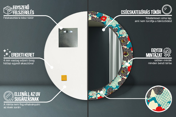 Kerek tükör keret nyomtatással Retro virágmintás