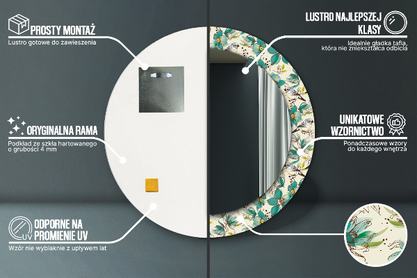 Kerek tükör nyomtatott kerettel Virágok és madarak