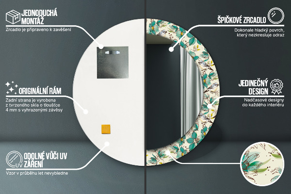 Kerek tükör nyomtatott kerettel Virágok és madarak