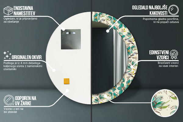 Kerek tükör nyomtatott kerettel Virágok és madarak
