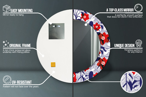 Kerek tükör nyomtatott kerettel Philodendron és piros virágok