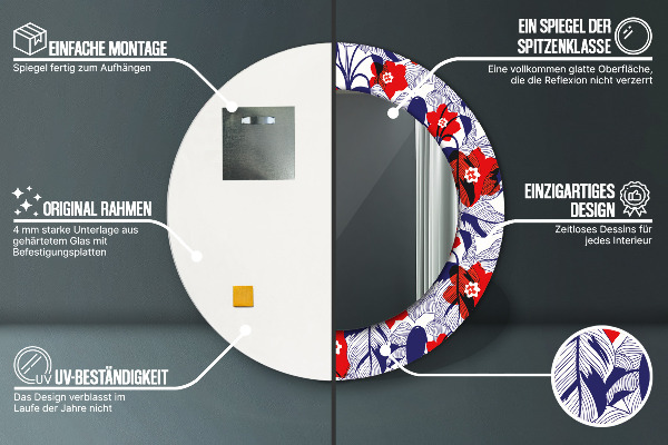 Kerek tükör nyomtatott kerettel Philodendron és piros virágok