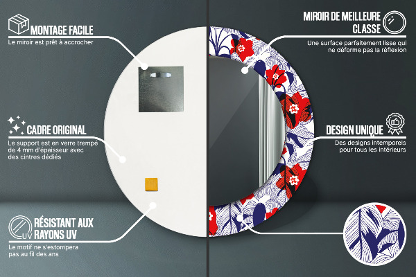 Kerek tükör nyomtatott kerettel Philodendron és piros virágok