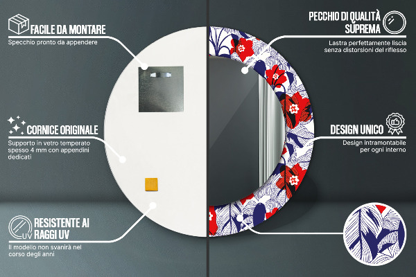 Kerek tükör nyomtatott kerettel Philodendron és piros virágok