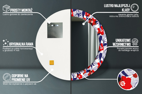 Kerek tükör nyomtatott kerettel Philodendron és piros virágok