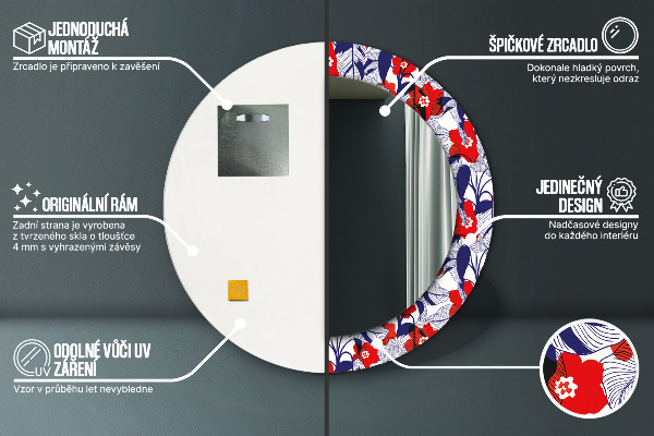 Kerek tükör nyomtatott kerettel Philodendron és piros virágok