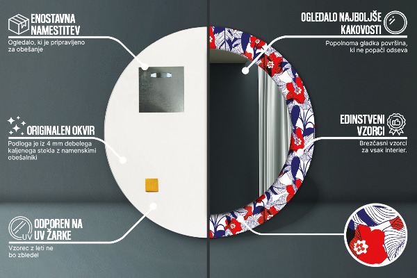 Kerek tükör nyomtatott kerettel Philodendron és piros virágok