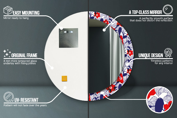 Kerek tükör nyomtatott kerettel Philodendron és piros virágok