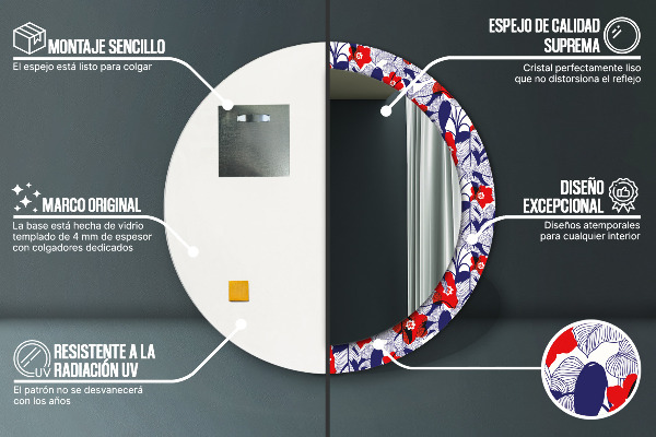 Kerek tükör nyomtatott kerettel Philodendron és piros virágok