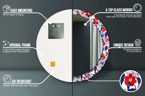 Kerek tükör nyomtatott kerettel Philodendron és piros virágok