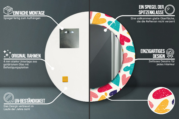 Kerek tükör nyomtatott kerettel Színes szívek