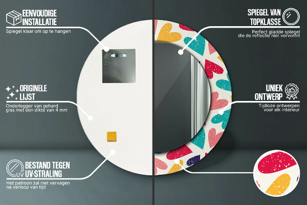 Kerek tükör nyomtatott kerettel Színes szívek