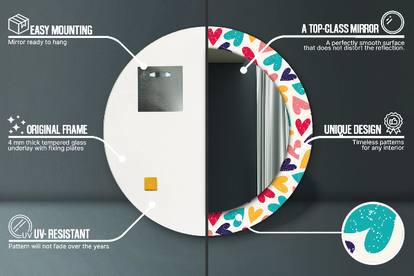 Kerek tükör nyomtatott kerettel Színes szívek