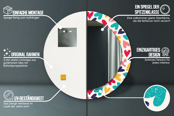 Kerek tükör nyomtatott kerettel Színes szívek