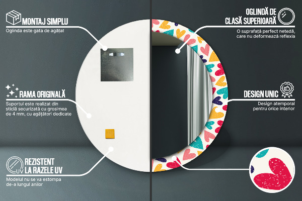 Kerek tükör nyomtatott kerettel Színes szívek