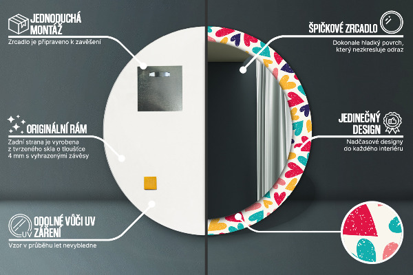 Kerek tükör nyomtatott kerettel Színes szívek