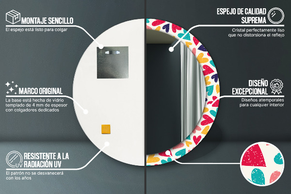 Kerek tükör nyomtatott kerettel Színes szívek