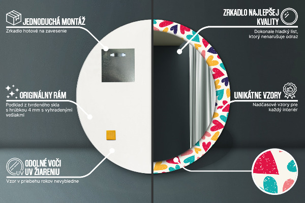 Kerek tükör nyomtatott kerettel Színes szívek