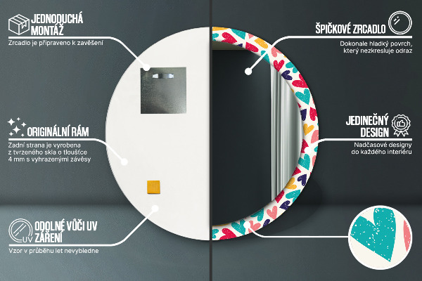 Kerek tükör nyomtatott kerettel Színes szívek