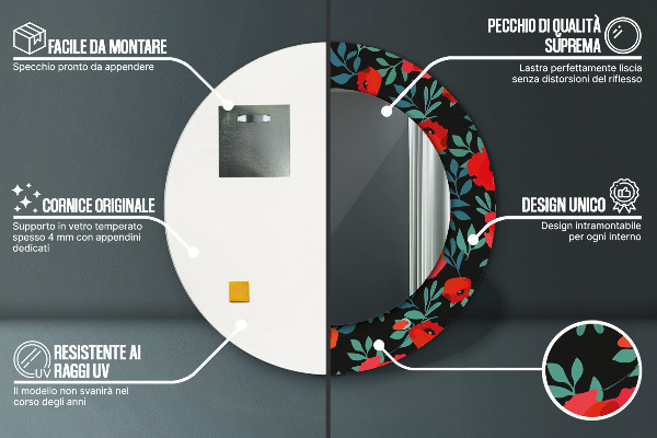 Kerek díszes tükör Piros mák