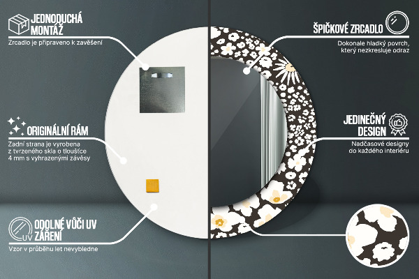 Kerek tükör keret nyomtatással Elefántcsont százszorszép