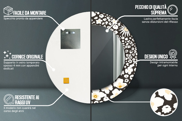 Kerek tükör keret nyomtatással Elefántcsont százszorszép