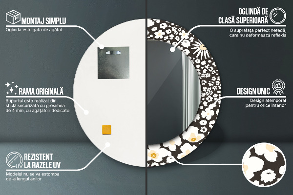 Kerek tükör keret nyomtatással Elefántcsont százszorszép