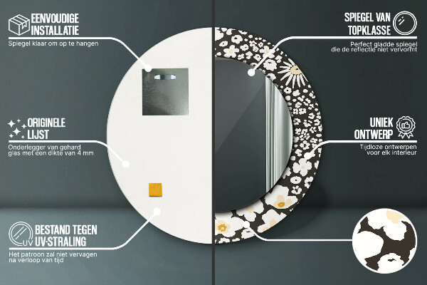 Kerek tükör keret nyomtatással Elefántcsont százszorszép