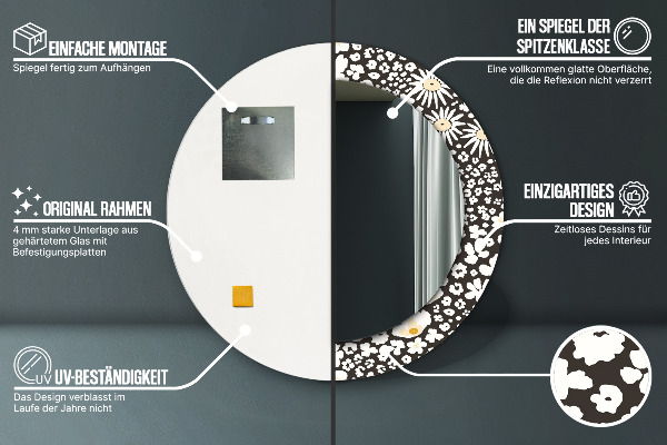 Kerek tükör keret nyomtatással Elefántcsont százszorszép