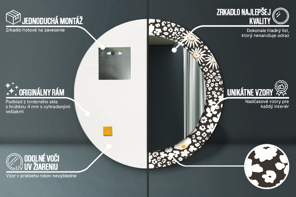 Kerek tükör keret nyomtatással Elefántcsont százszorszép