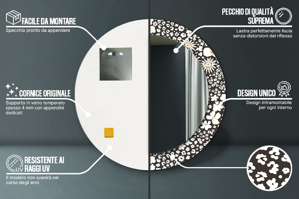 Kerek tükör keret nyomtatással Elefántcsont százszorszép