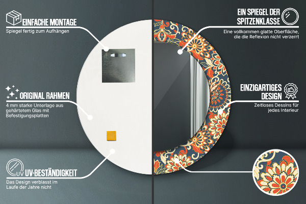 Kerek tükör keret nyomtatással Vintage virágos illusztráció