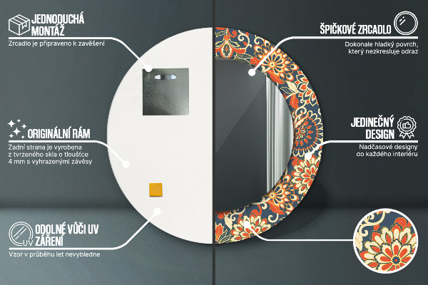 Kerek tükör keret nyomtatással Vintage virágos illusztráció