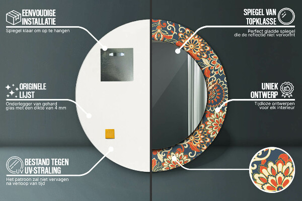 Kerek tükör keret nyomtatással Vintage virágos illusztráció