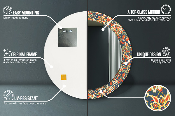 Kerek tükör keret nyomtatással Vintage virágos illusztráció