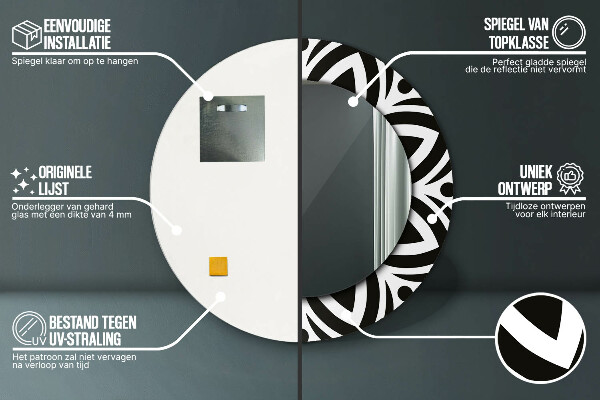 Kerek tükör nyomtatott kerettel Fekete geometrikus dísz