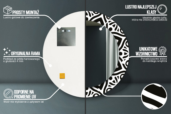 Kerek tükör nyomtatott kerettel Fekete geometrikus dísz